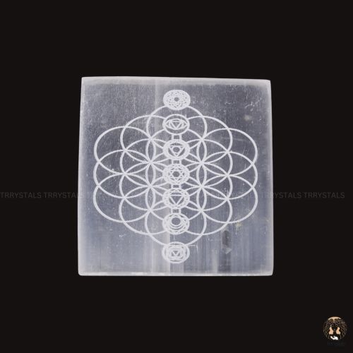 Selenite Plate: Flower of Life with Seven Chakra