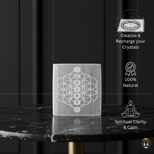 Selenite Plate: Flower of Life with Seven Chakra