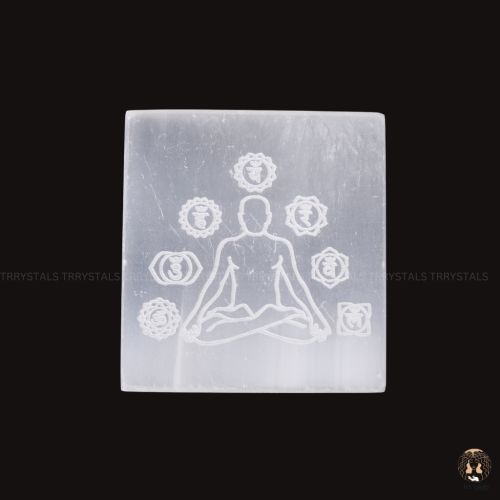 Selenite Plate: Seven Chakra with meditation symbol