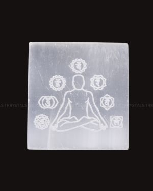 Selenite Plate: Seven Chakra with meditation symbol