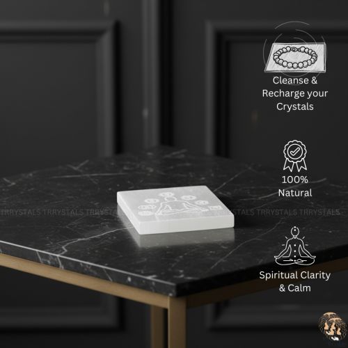 Selenite Plate: Seven Chakra with meditation symbol